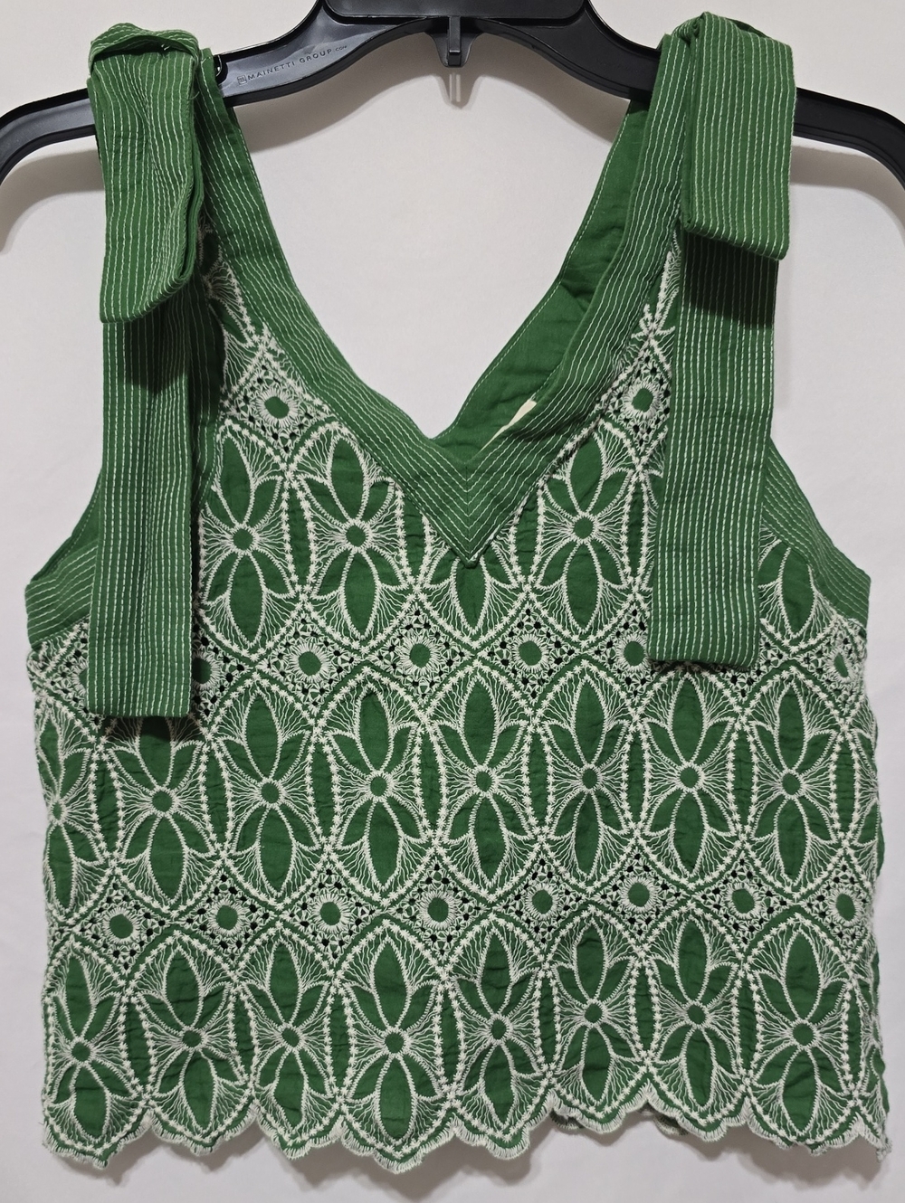 Entro Green White Geometric Floral Eyelet Crochet Tie Shoulder Crop Top